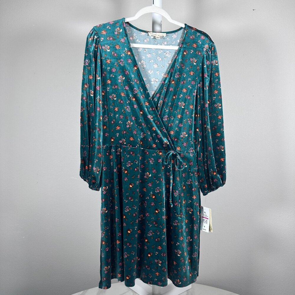 Wrap Style Velour Mini Dress Dark Teal Floral